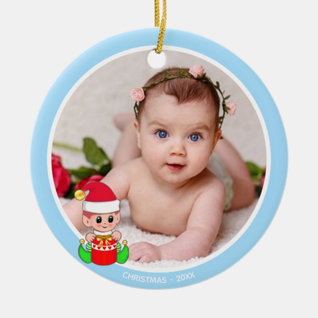 Custom Baby Photo & Cute Elf on Light Blue Ceramic Ornament (Front)