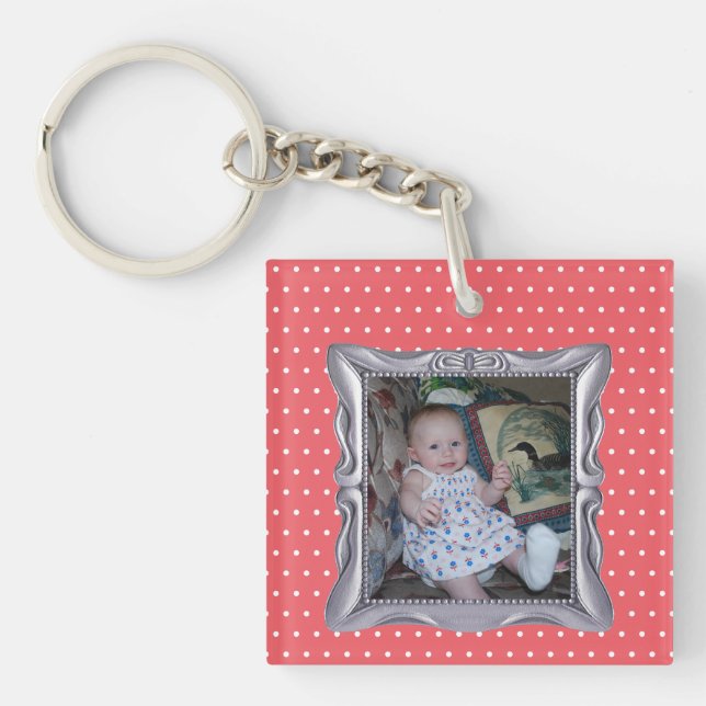 Custom Baby Photo in Fancy Silver Frame Pink Dots Keychain (Front)
