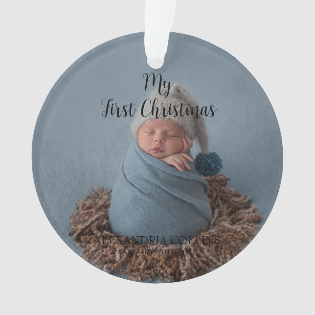 Custom Baby Photo My First Christmas Black Ornament (Front)