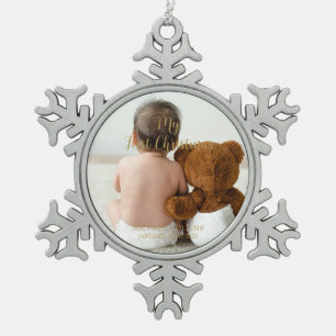 Custom Baby Photo My First Christmas Gold Script Snowflake Pewter Christmas Ornament