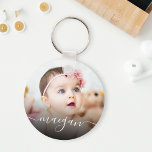 Custom Baby Photo Name Handwriting Script Keychain<br><div class="desc">Create your own personalized round keychain with your custom modern handwritten script name and favourite baby photo.</div>