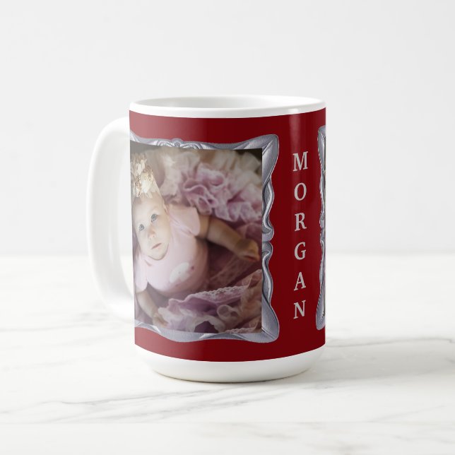Custom Baby Photos & Name in Fancy Silver Frame Coffee Mug (Front Left)