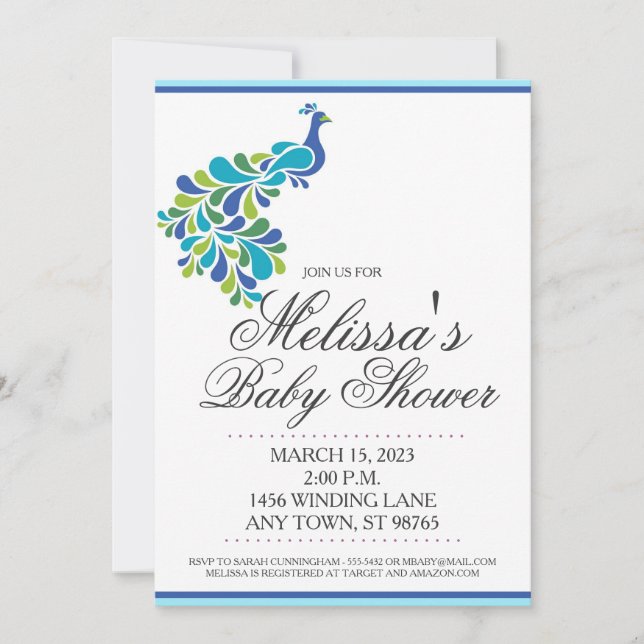 Custom Baby Shower Invite, Peacock Invitation (Front)