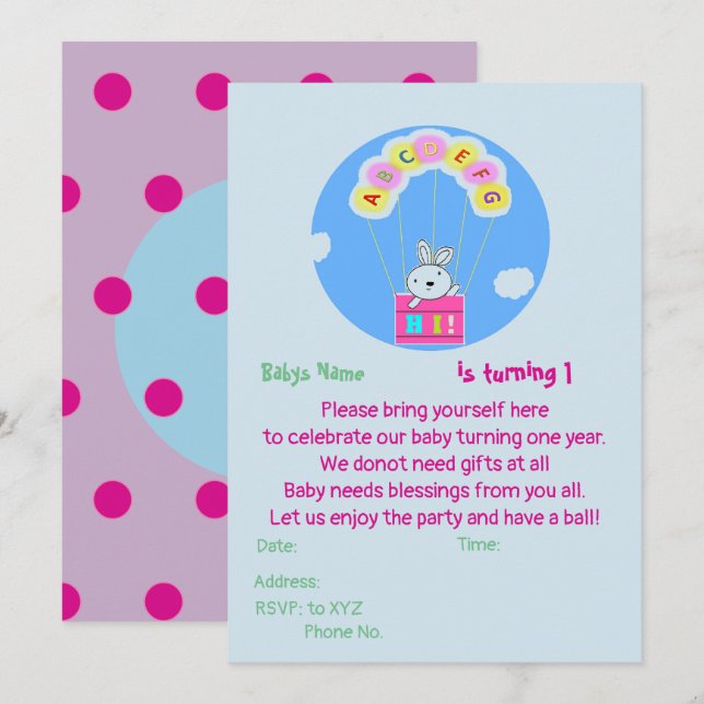 Custom Babys 1st birthday invitation (Front/Back)