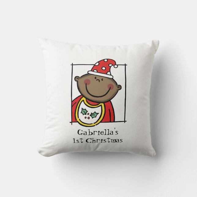 Custom Baby's 1st Christmas Dark Skin Tone Face Throw Pillow (Front)
