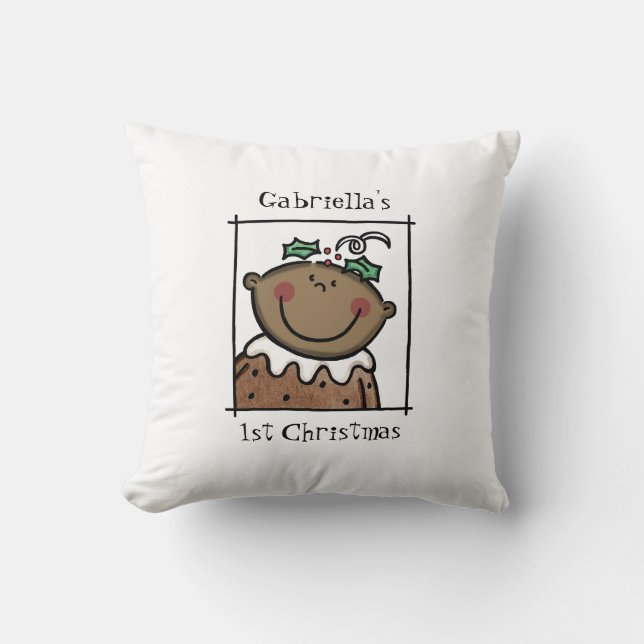 Custom Baby's 1st Christmas Dark Skin Tone Face Throw Pillow (Front)