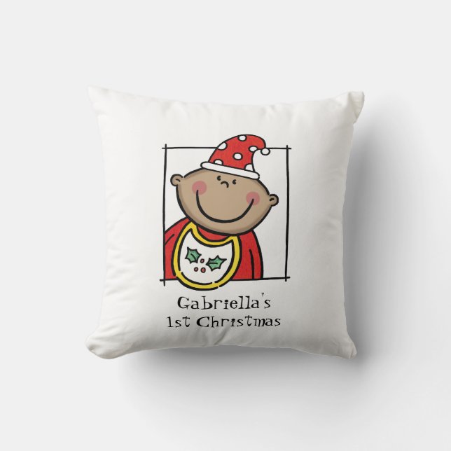 Custom Baby's 1st Christmas Medium Skin Tone Face Throw Pillow (Front)