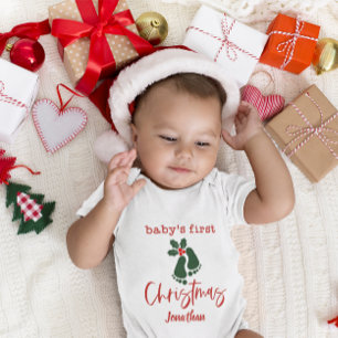 Custom Baby's First Christmas Foot print Holly Red Baby Bodysuit