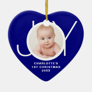 Custom Baby's First Christmas Photo Blue Joy Ceramic Ornament