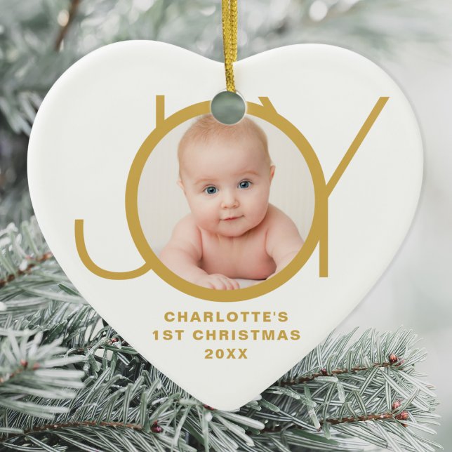 Custom Baby's First Christmas Photo Gold Script Ceramic Ornament (Creator Uploaded)
