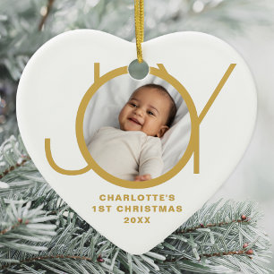 Custom Baby's First Christmas Photo Gold White Ceramic Ornament