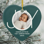 Custom Baby's First Christmas Photo Green Ceramic Ornament<br><div class="desc">This stylish heart-shaped Baby's First Christmas Photo Ornament is decorated with the word JOY on a green background.
Easily customizable with your photo,  name,  and year.</div>