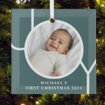 Custom Baby's First Christmas Photo Green Glass Ornament<br><div class="desc">This stylish Baby's First Christmas Photo Ornament is decorated with the word JOY on a dark green background.
Easily customizable with your photo,  name,  and year.</div>