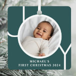 Custom Baby's First Christmas Photo Green Metal Ornament<br><div class="desc">This keepsake Baby's First Christmas Photo Ornament is decorated with the word JOY on a dark green background.
Easily customizable with your photo,  name,  and year.</div>