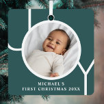 Custom Baby's First Christmas Photo Green Metal Ornament<br><div class="desc">This keepsake Baby's First Christmas Photo Ornament is decorated with the word JOY on a dark green background.
Easily customizable with your photo,  name,  and year.</div>