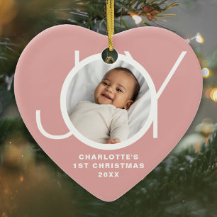 Custom Baby's First Christmas Photo Joy Pink Ceramic Ornament