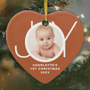 Custom Baby's First Christmas Photo Joy Terracotta Ceramic Ornament