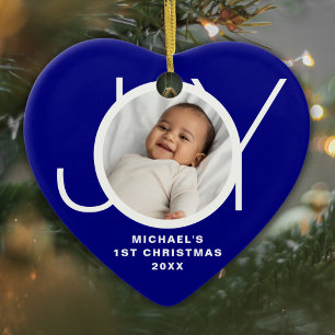 Custom Baby's First Christmas Photo Navy Blue Ceramic Ornament