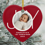 Custom Baby's First Christmas Photo Red Ceramic Ornament<br><div class="desc">This stylish heart-shaped Baby's First Christmas Photo Ornament is decorated with the word JOY on a red background.
Easily customizable with your photo,  name,  and year.</div>