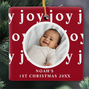 Custom Baby's First Christmas Photo Red Ceramic Ornament