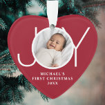Custom Baby's First Christmas Photo Red Heart Ornament<br><div class="desc">This stylish Baby's First Christmas Photo Heart-shaped Ornament features the word JOY on a maroon-red background.
Easily customizable with your photo,  name,  and year.</div>