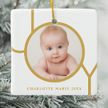 Custom Baby's Photo Christmas Holidays  Ceramic Ornament<br><div class="desc">This modern Christmas Photo Ornament is decorated with the word JOY in gold on a white background.
Easily customizable with your photo and name.</div>