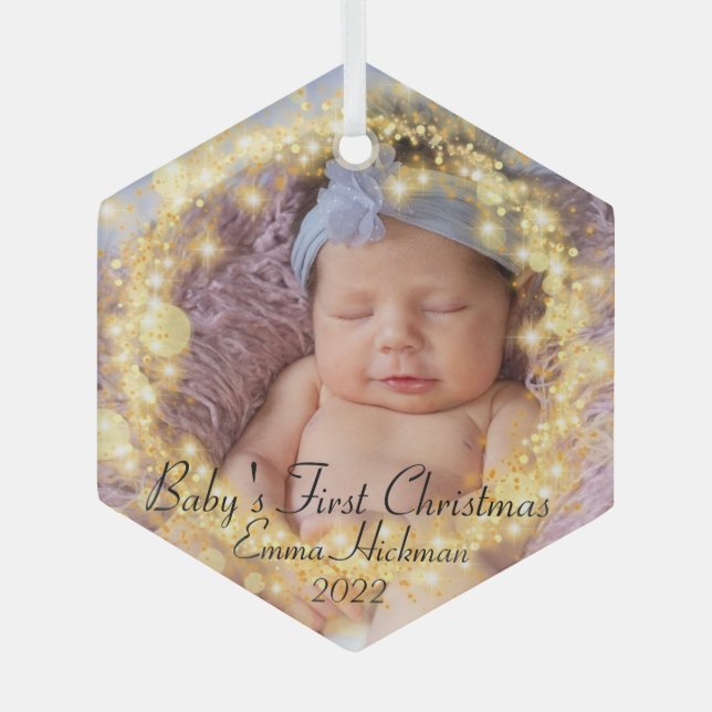 Custom Baby's Photo First Christmas Gold Circle  Glass Ornament (Front)