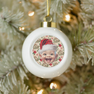 Custom Baby's Santa Hat First Christmas Photo Ceramic Ball Christmas Ornament