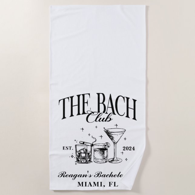 Custom Bach Club Bachelorette Retro Cocktail Black Beach Towel (Front)