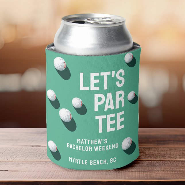 Custom Bachelor Party Golfing Trip Let's Par Tee Can Cooler (Golf-themed can cooler featuring a green design with golf balls and tees, perfect for keeping drinks)