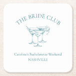 Custom Bachelorette Party Cocktail Social Club Square Paper Coaster<br><div class="desc">Celebrate the bride-to-be with these chic, personalized coasters! Customizable with the bride’s name and event location, it makes the ideal party addition for your bachelorette weekend or bridal party. The timeless blue-on-cream design adds a touch of class to any bridal celebration, from beach weekends to urban getaways. Whether you’re planning...</div>
