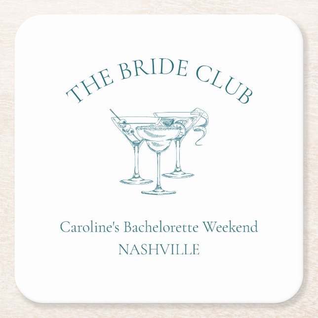 Custom Bachelorette Party Cocktail Social Club Square Paper Coaster (Front)