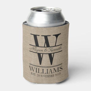 Custom Back Front Burlap Logo Anniversary Monogram Can Cooler