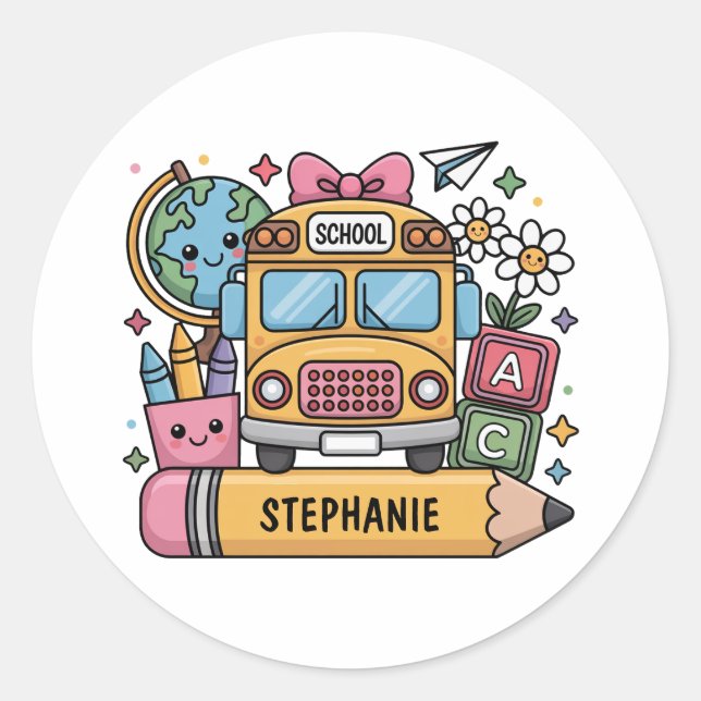 Custom Back-to-School Bus - Personalize Classic Round Sticker (Front)