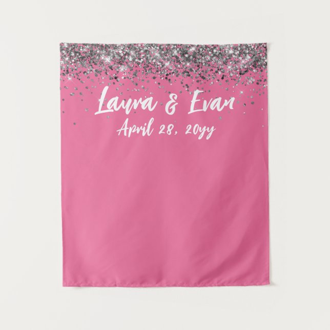 Custom Backdrop Wedding Photo Booth Pink & Silver Tapestry (Front)