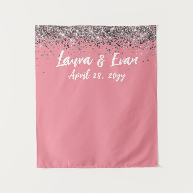 Custom Backdrop Wedding Photo Booth Pink & Silver Tapestry (Front)