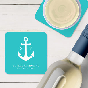 Custom Background Colour Monogram Anchor Wedding Square Paper Coaster