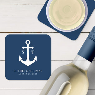 Custom Background Colour Monogram Anchor Wedding Square Paper Coaster