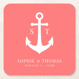 Custom Background Colour Monogram Anchor Wedding Square Paper Coaster