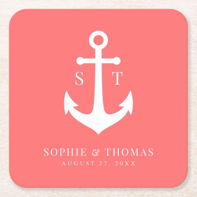 Custom Background Colour Monogram Anchor Wedding Square Paper Coaster (Front)