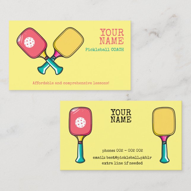 Custom background colour & text Pickleball  Business Card (Front/Back)