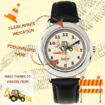 Custom Backhoe Construction Learn to Tell Time Watch<br><div class="desc">Make learning time fun with this personalized backhoe kids learning to tell the time watch, perfect for little construction enthusiasts! Featuring a bold yellow backhoe at a busy construction site, this watch is as engaging as it is educational. Designed to help kids learn to tell time, it includes minute indicators...</div>