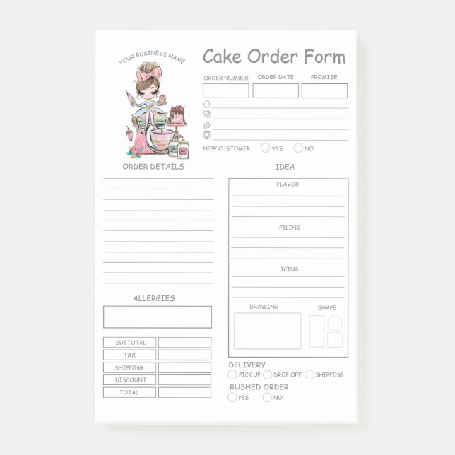Custom  Bakery Cake Order Form Notes (Front)