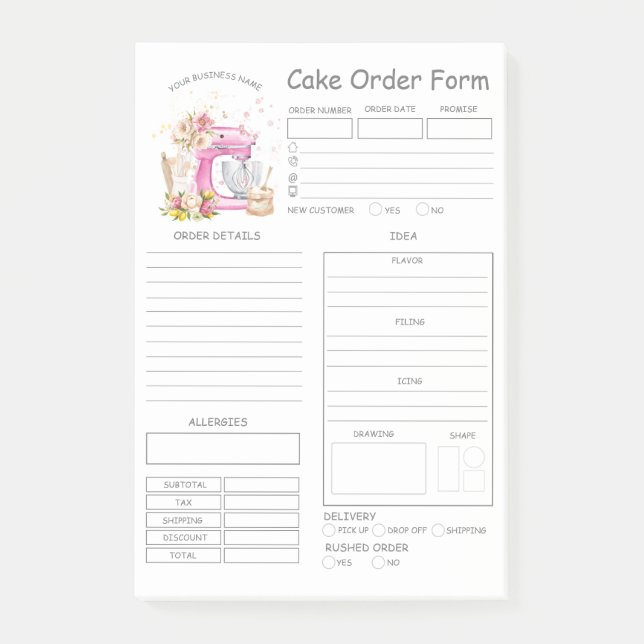 Custom  Bakery Cake Order Form Notes (Front)