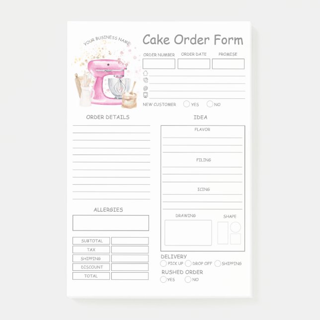 Custom  Bakery Cake Order Form Notes (Front)