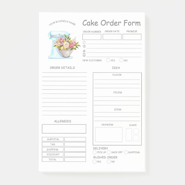 Custom  Bakery Cake Order Form Notes (Front)