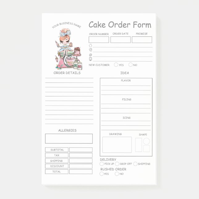 Custom  Bakery Cake Order Form Notes (Front)