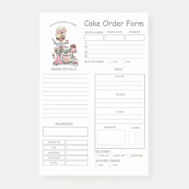 Custom  Bakery Cake Order Form Notes (Front)