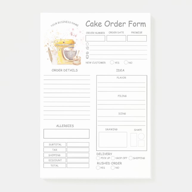 Custom  Bakery Cake Order Form Post-it Notes (Front)