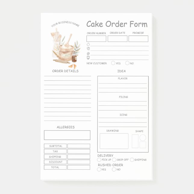 Custom  Bakery Cake Order Form Post-it Notes (Front)